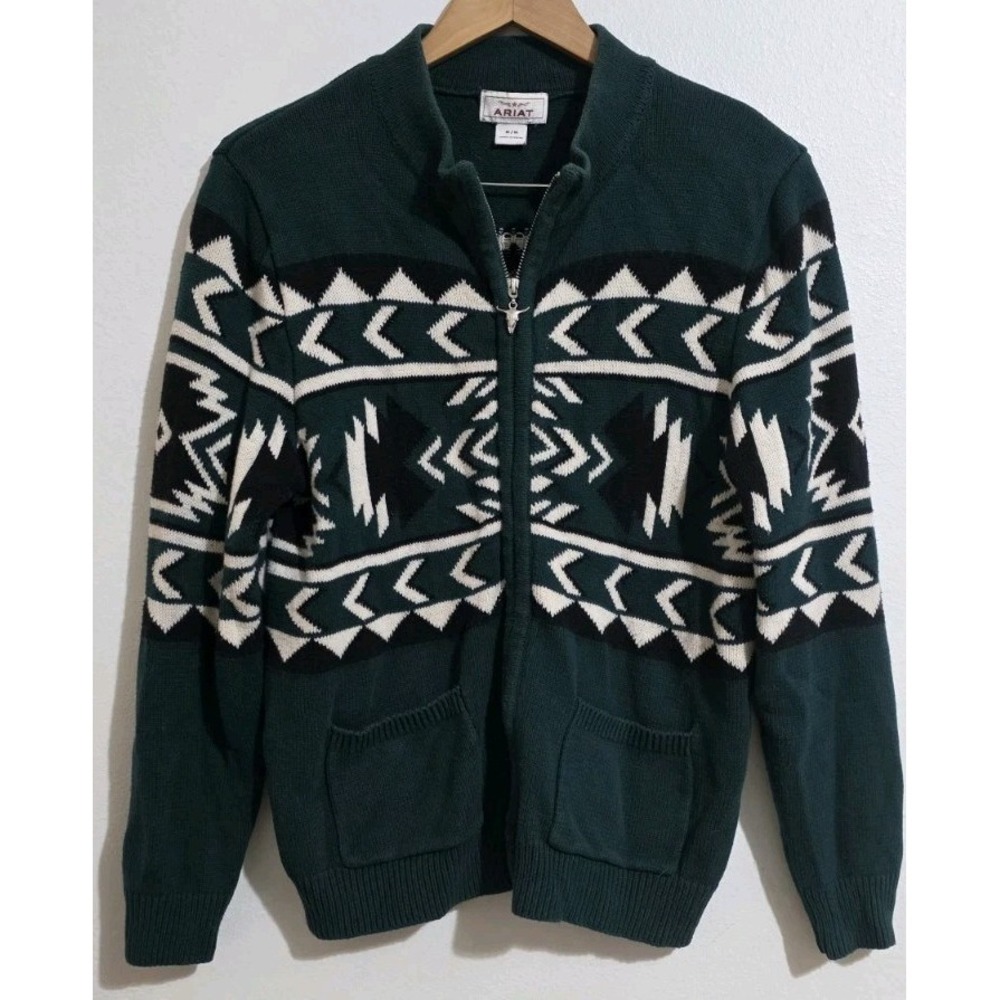 Ariat Thick Full Zip Sweater Western Aztec Womans Sz M Retro Vtg Style Cardigan‎